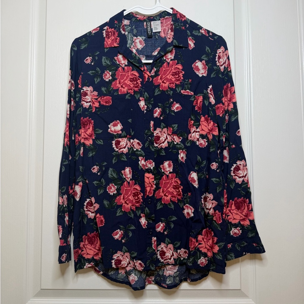 H&M Floral Button Down Shirt - Navy and Pink